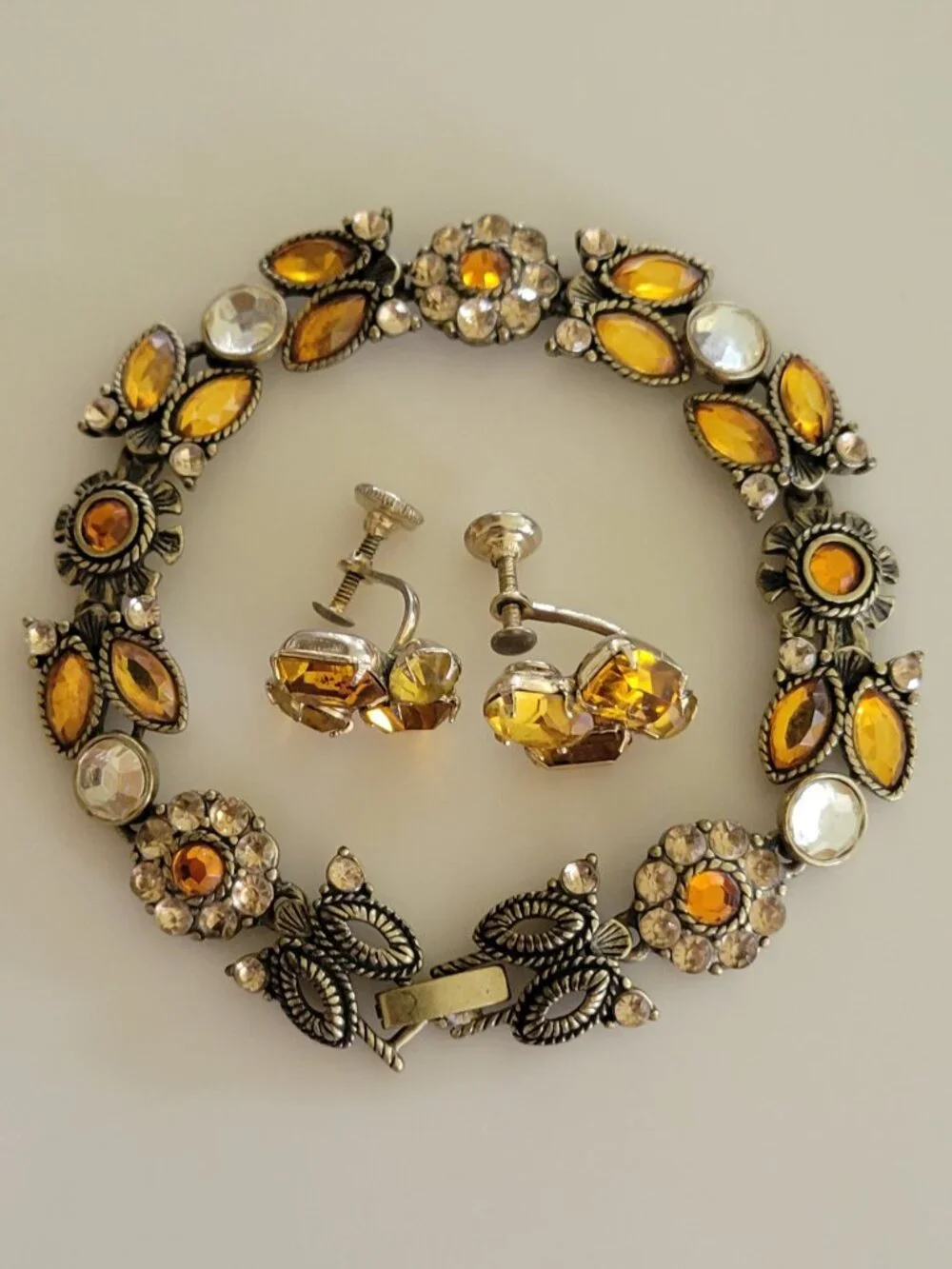 1960s Amber Rhinestone Bracelet & Matching Screw Back Earrings Set MCM Jewelry